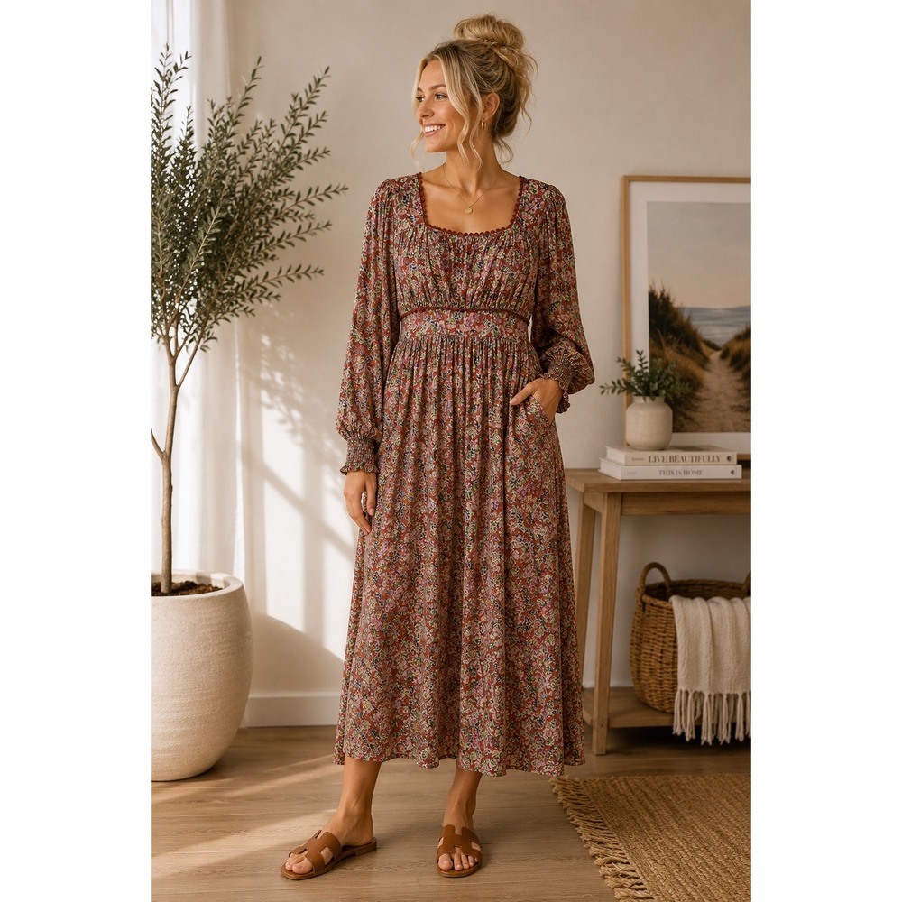 Piper & Scoot Floral Smocked Midi Dress Square‎ Neck Cottagecore Boho Prairie M